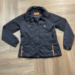 Massimo Dutti Field Utility Rain Coat Womens Large Navy Blue Tan Trim Classic